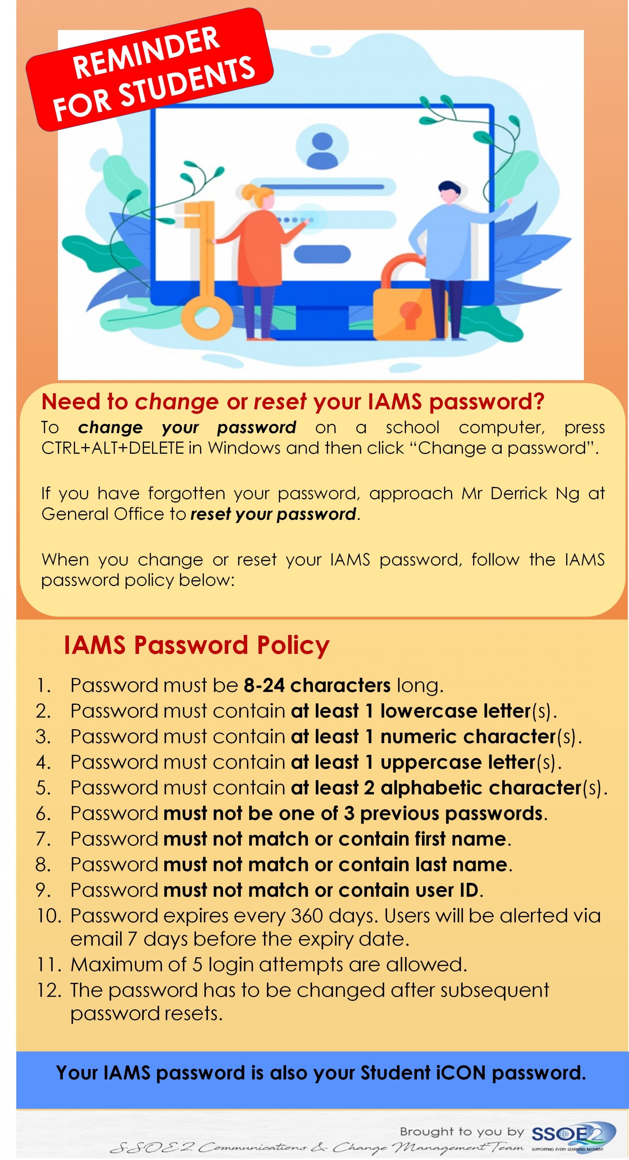 Student reminder flyer listing IAMS password policy rules including length, character types, and expiry details.